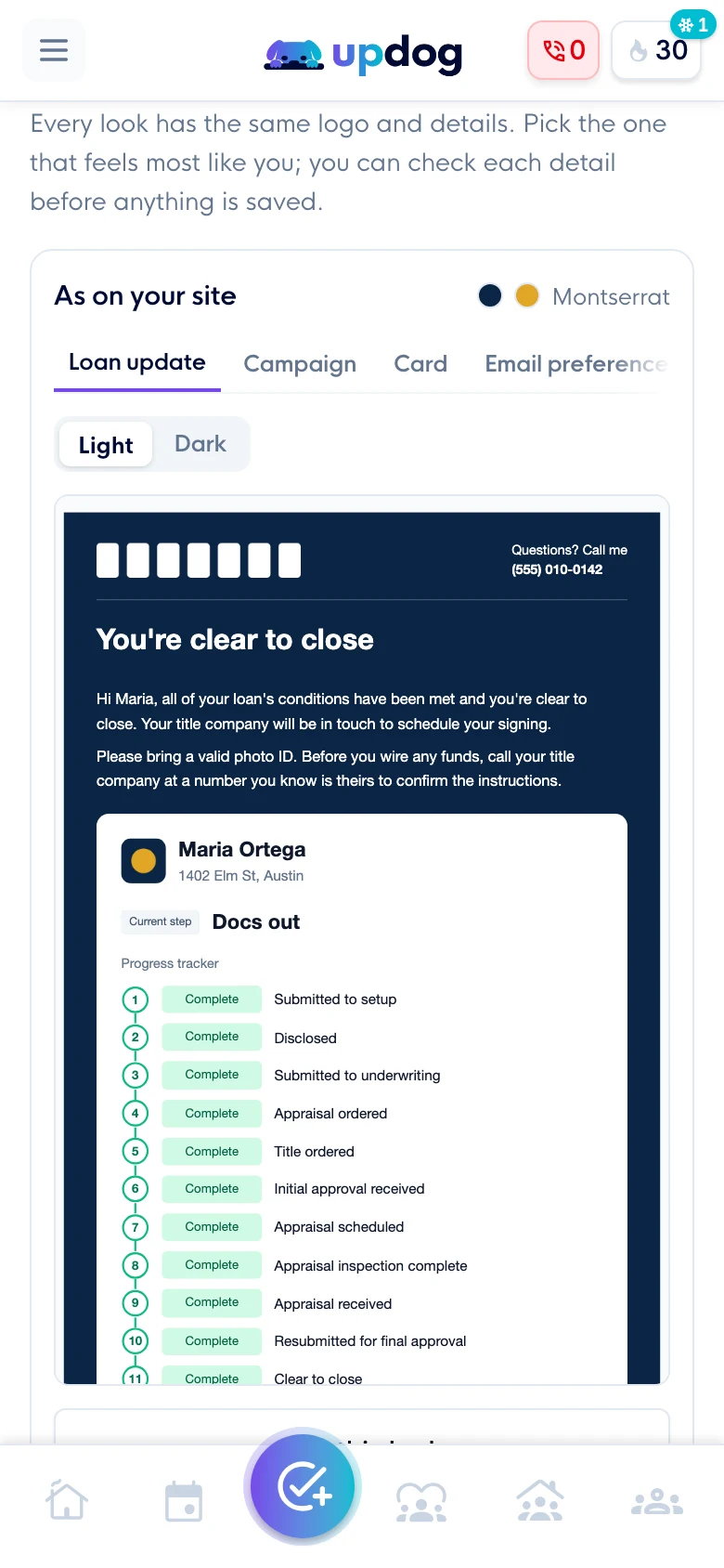 Updog’s Pick a look step on a phone: a look drawn on a borrower’s loan status email, with a Use this look button.