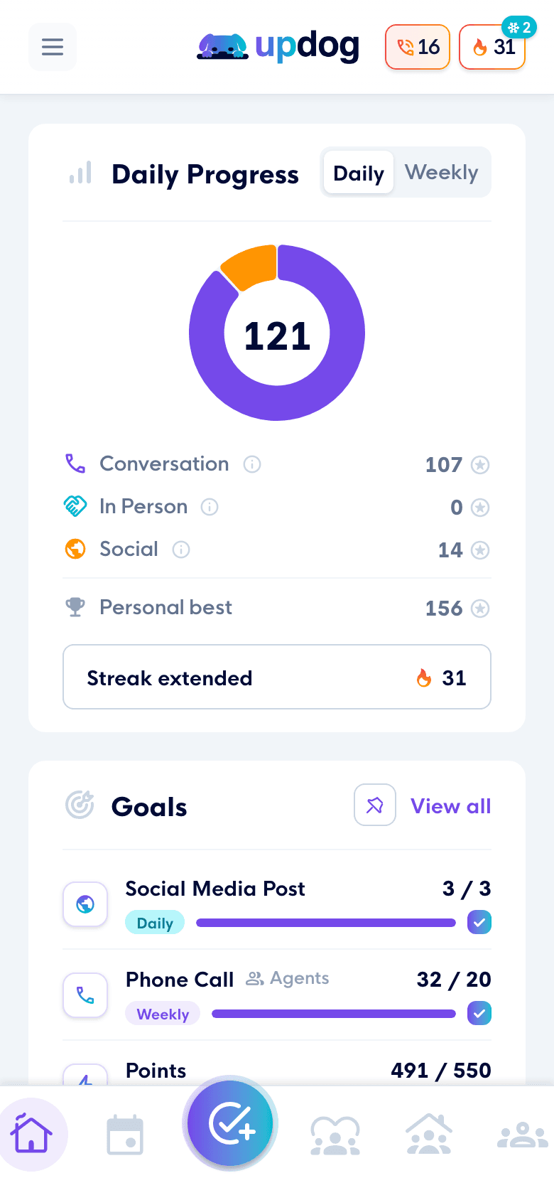 The Updog home page on a phone: the daily progress ring with the streak, goals with their progress bars, and the tab bar with the record button.