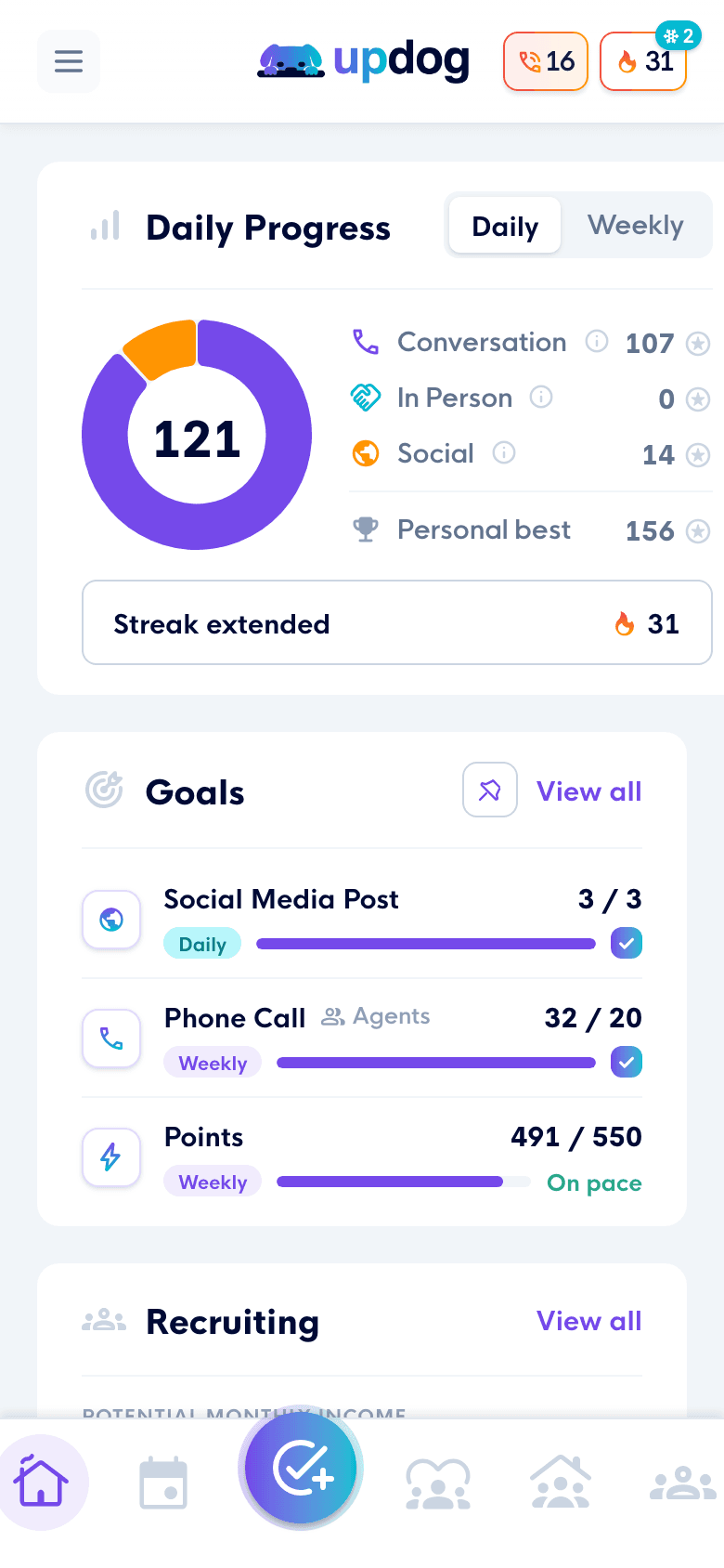 The Updog home page on a phone: the daily progress ring with the streak, goals with their progress bars, and the tab bar with the record button.